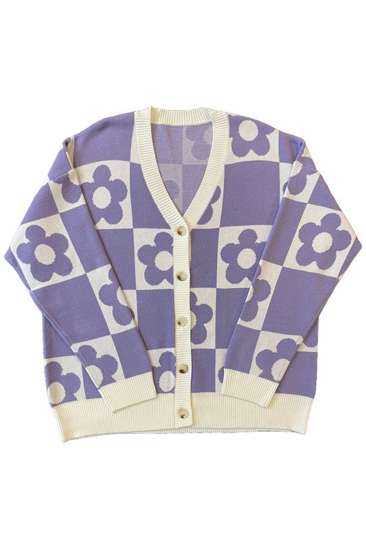 Checkered Flower Knit Cardigan, Purple