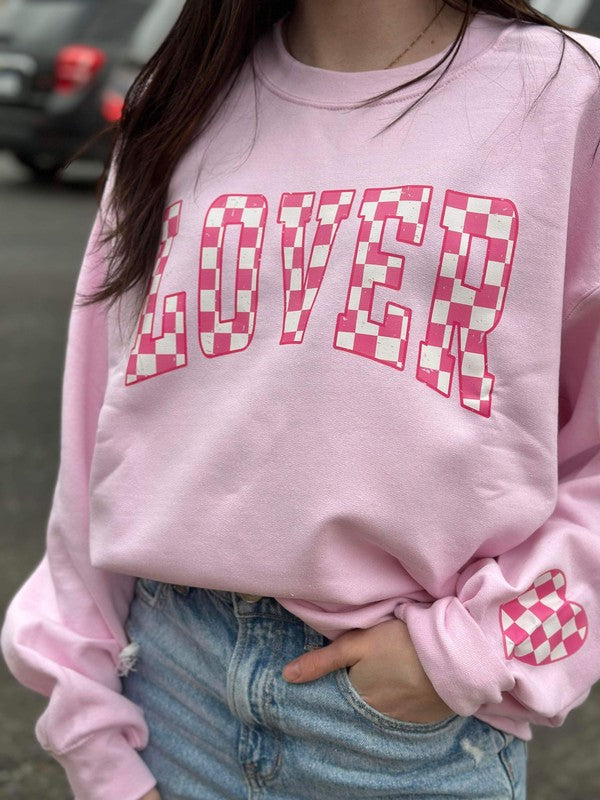 Checkered 'Lover' Sweatshirt, Light Pink