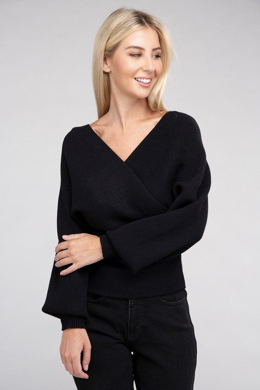 Zenana Viscose Cross Wrap Pullover Sweater