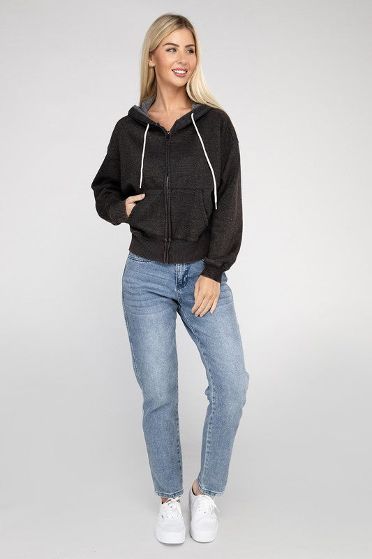 Zenana Acid Wash Fleece Cropped Zip-Up Hoodie