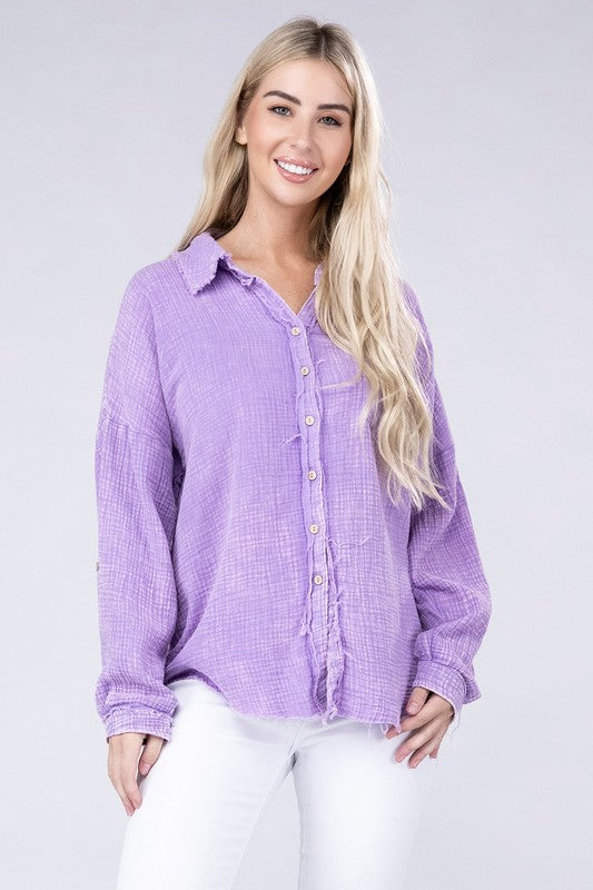 Zenana Washed Double Gauze Button Down Shirt