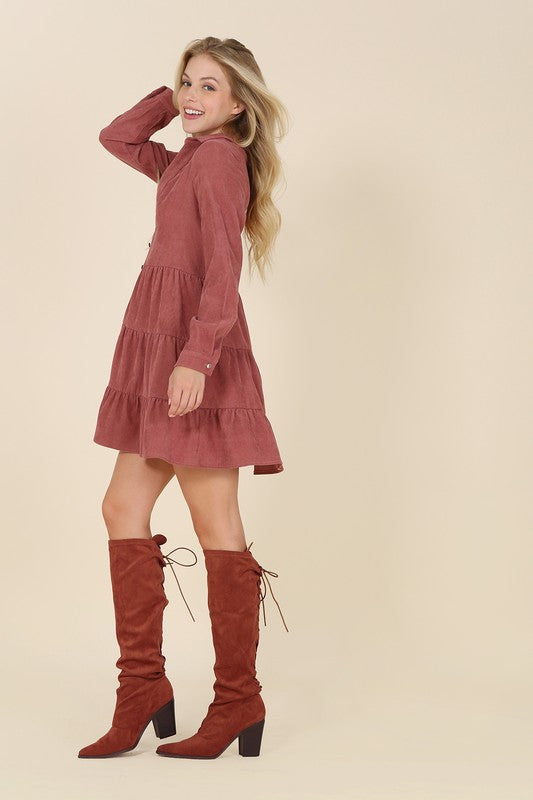 Lilou Long Sleeve Corduroy Tiered Collared Deep V-Neck Dress