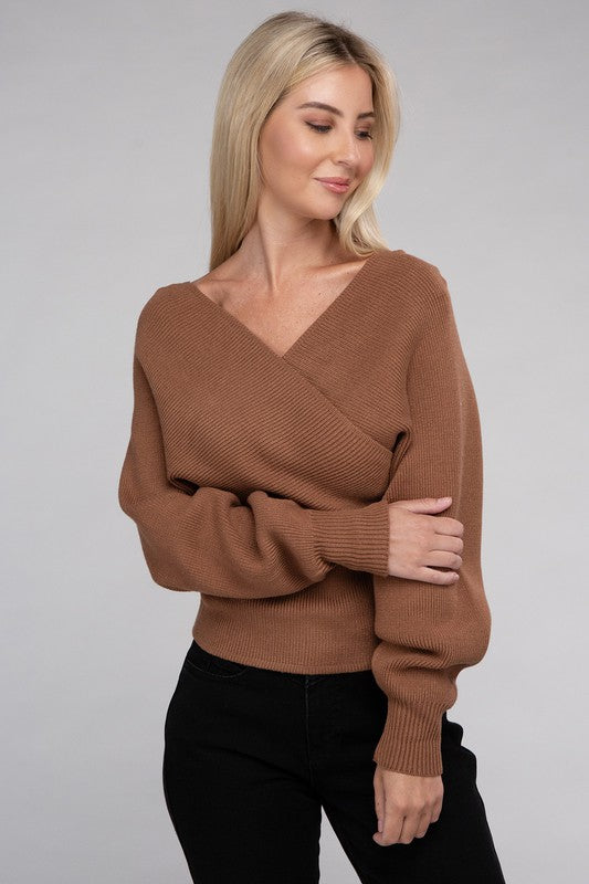 Zenana Viscose Cross Wrap Pullover Sweater