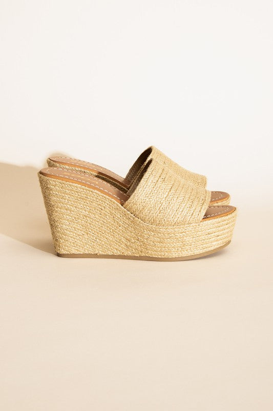 SODA Bounty Jute Raffia Open Toe Platform Slip-On Sandal Wedges, Natura;