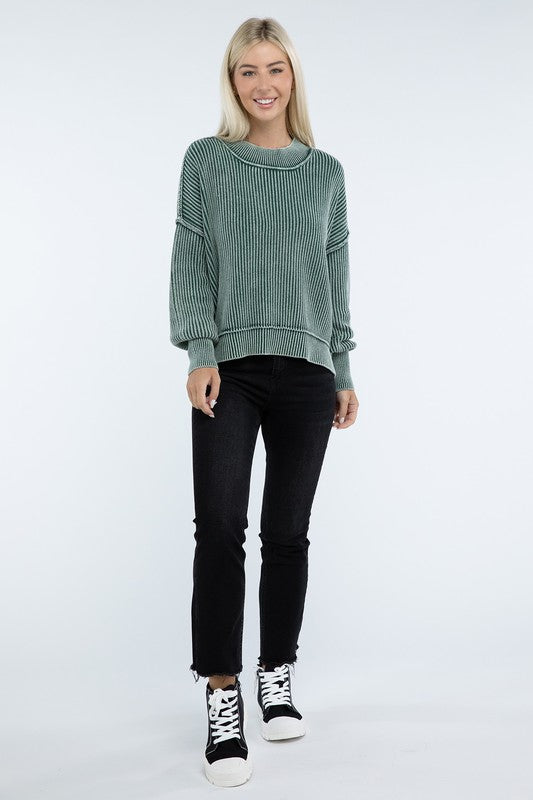 Zenana Washed Side Slit Oversized Cropped Sweater