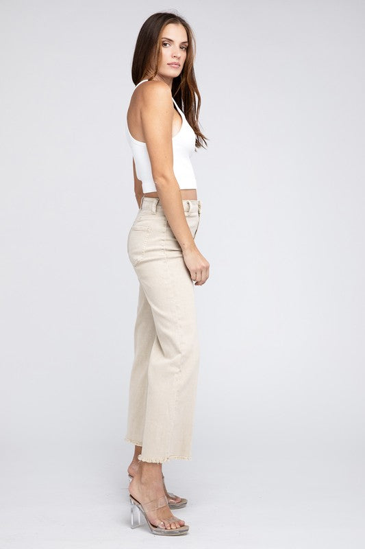 Zenana Acid Wash Colored Straight Wide Leg Jeans with Frayed Cutoff Hem