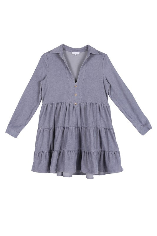 Lilou Long Sleeve Corduroy Tiered Collared Deep V-Neck Dress