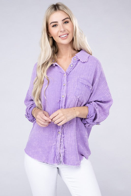 Zenana Washed Double Gauze Button Down Shirt