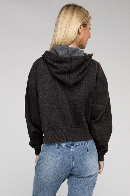 Zenana Acid Wash Fleece Cropped Zip-Up Hoodie