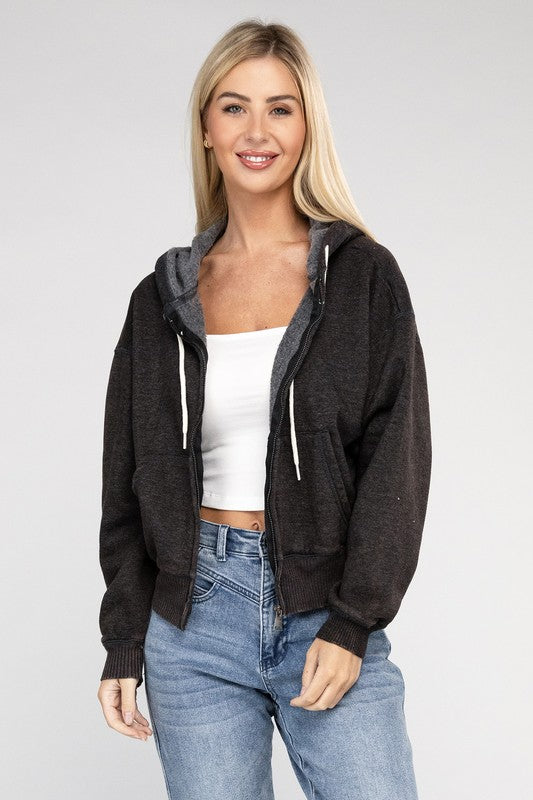 Zenana Acid Wash Fleece Cropped Zip-Up Hoodie