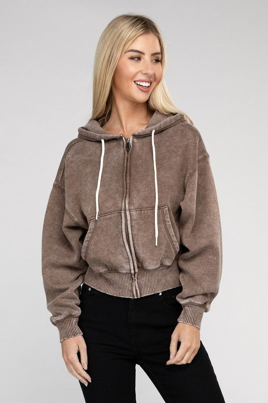 Zenana Acid Wash Fleece Cropped Zip-Up Hoodie