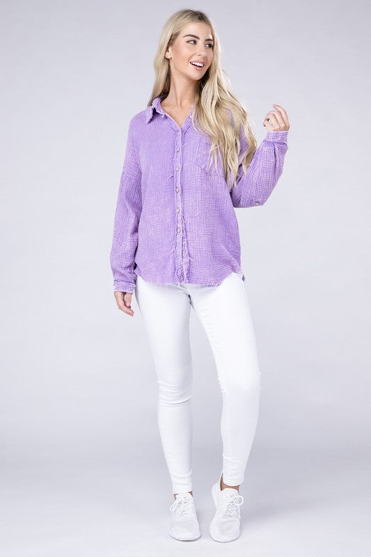 Zenana Washed Double Gauze Button Down Shirt