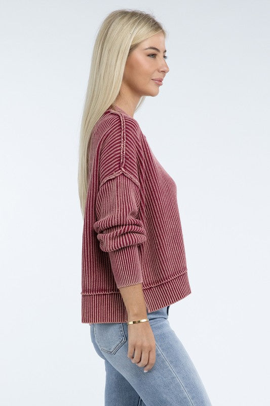 Zenana Washed Side Slit Oversized Cropped Sweater