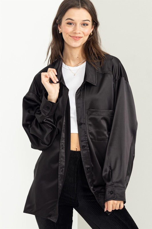 Hyfve Completely Charmed Oversized Satin Button-Up Shirt