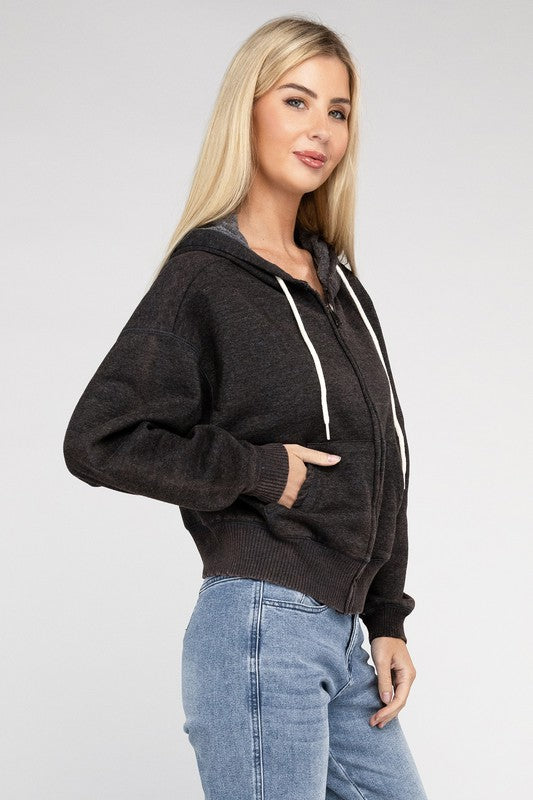 Zenana Acid Wash Fleece Cropped Zip-Up Hoodie