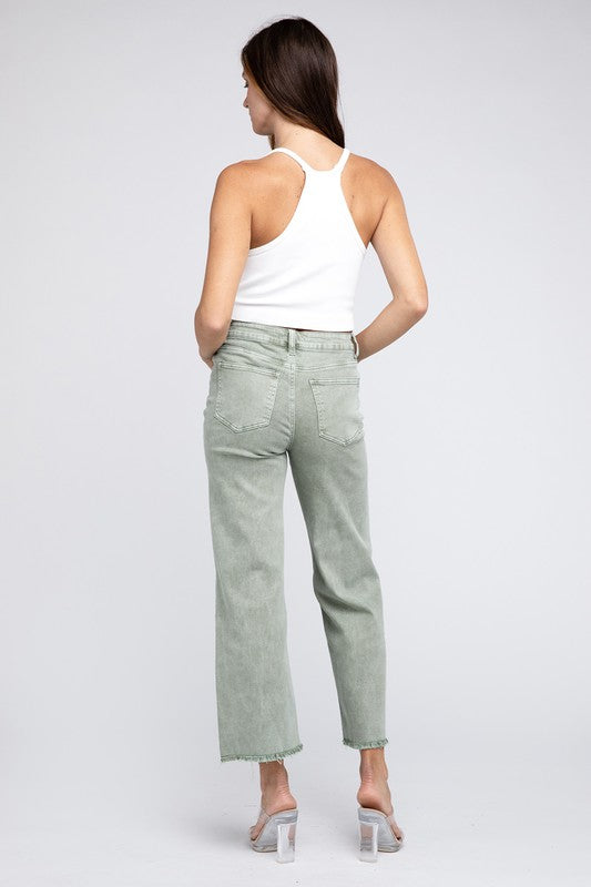 Zenana Acid Wash Colored Straight Wide Leg Jeans with Frayed Cutoff Hem