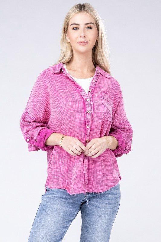 Zenana Washed Double Gauze Button Down Shirt