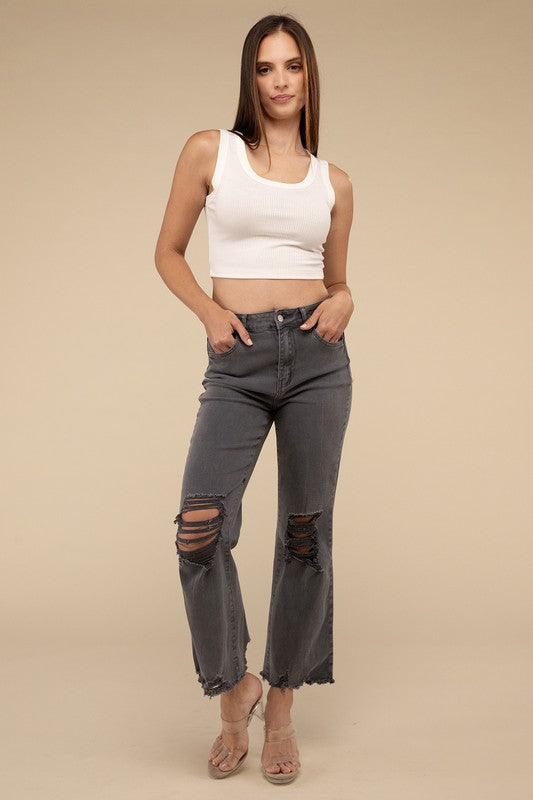 Zenana Acid Washed High Waist Distressed Straight Pants