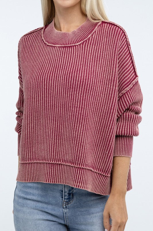 Zenana Washed Side Slit Oversized Cropped Sweater