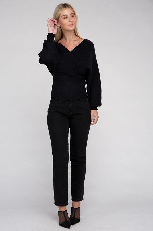 Zenana Viscose Cross Wrap Pullover Sweater