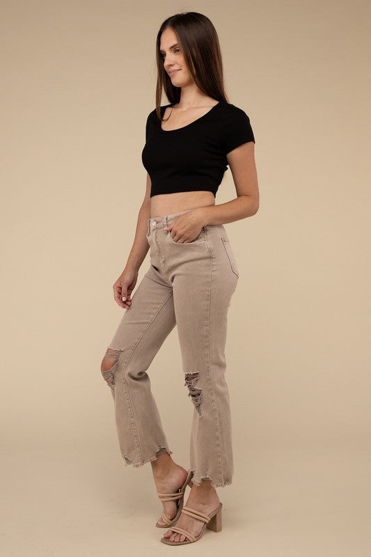 Zenana Acid Washed High Waist Distressed Straight Pants