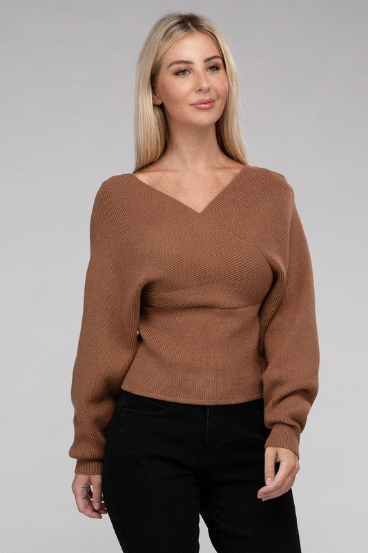 Zenana Viscose Cross Wrap Pullover Sweater