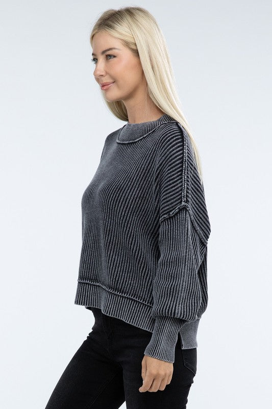 Zenana Washed Side Slit Oversized Cropped Sweater