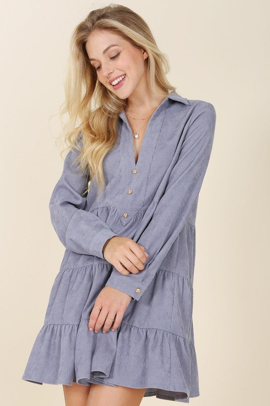 Lilou Long Sleeve Corduroy Tiered Collared Deep V-Neck Dress