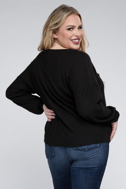 Zenana Plus Brushed Waffle V-Neck Button Detail Sweater, Black