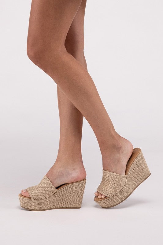 SODA Bounty Jute Raffia Open Toe Platform Slip-On Sandal Wedges, Natura;