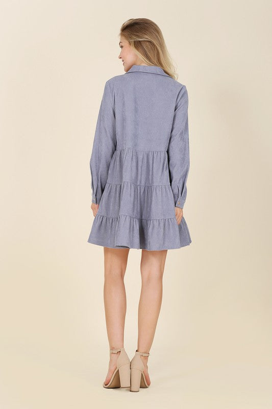 Lilou Long Sleeve Corduroy Tiered Collared Deep V-Neck Dress