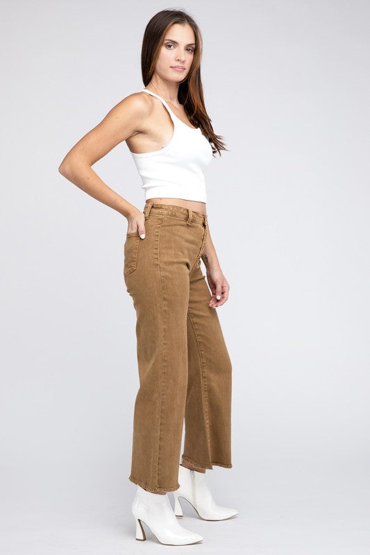 Zenana Acid Wash Colored Straight Wide Leg Jeans with Frayed Cutoff Hem