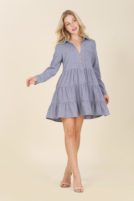 Lilou Long Sleeve Corduroy Tiered Collared Deep V-Neck Dress