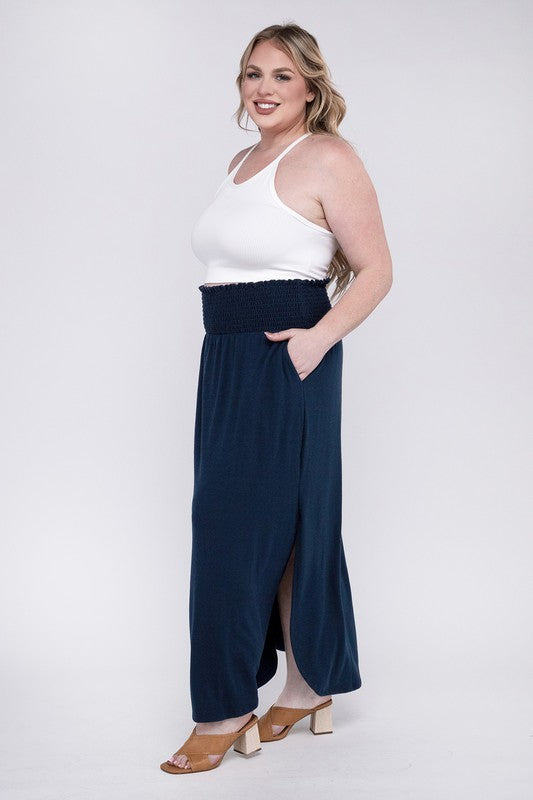 ZENANA Plus Smocked Waist Side Slit Maxi Skirt with Pockets