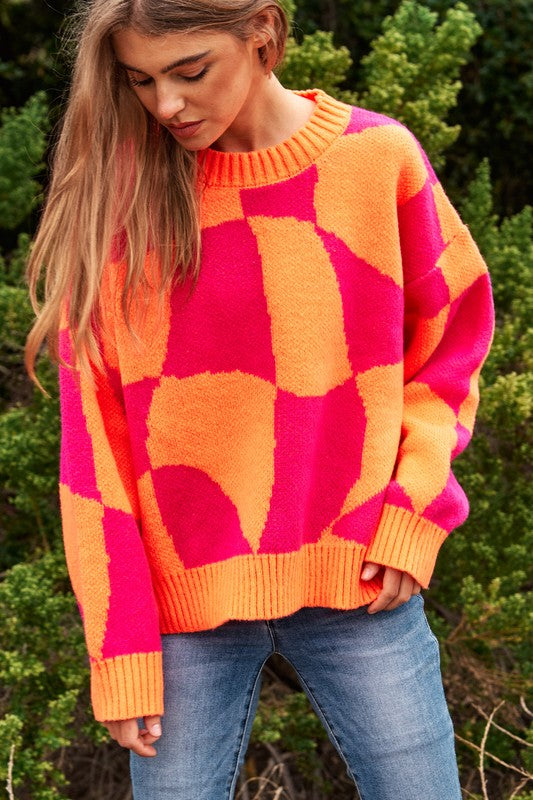 David & Dani Geo Checker Pullover Knit Sweater Top