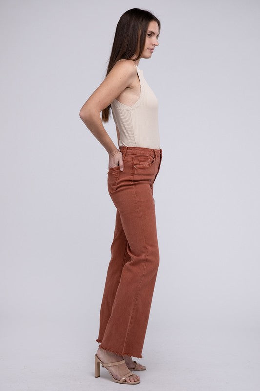 Zenana Acid Washed Frayed Cutoff Hem Straight Wide Pants