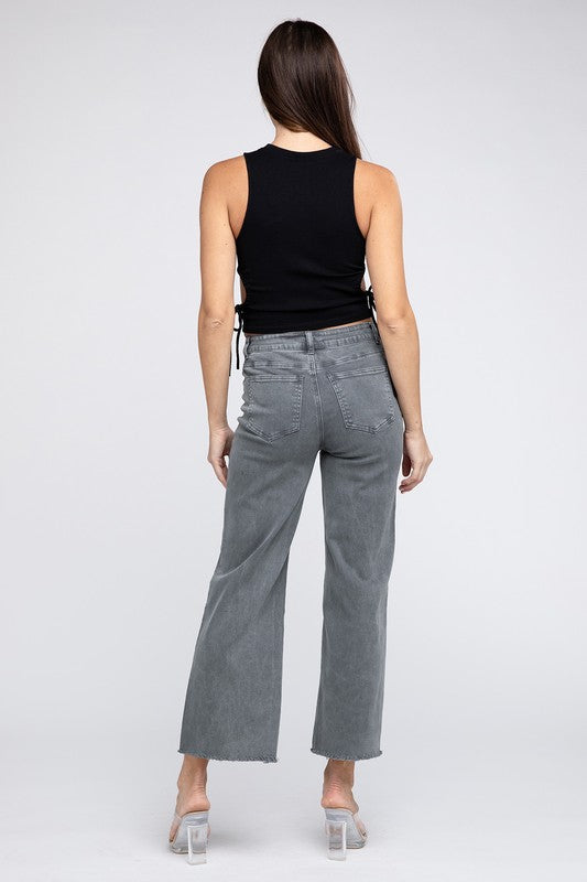 Zenana Acid Wash Colored Straight Wide Leg Jeans with Frayed Cutoff Hem