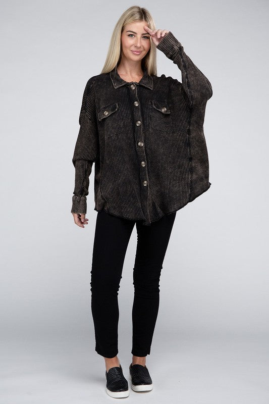 Zenana Acid Wash Oversized Cotton Waffle Shacket, Acid Black