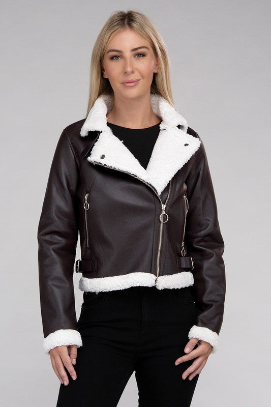 Plush Teddy Trimmed Faux Leather Jacket, Blackish-Brown