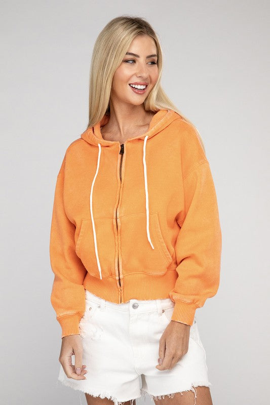 Zenana Acid Wash Fleece Cropped Zip-Up Hoodie