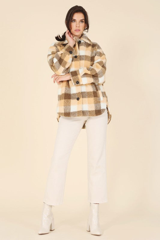 Plaid Sherpa Jacket with Pockets, Brown/Cream/Orange