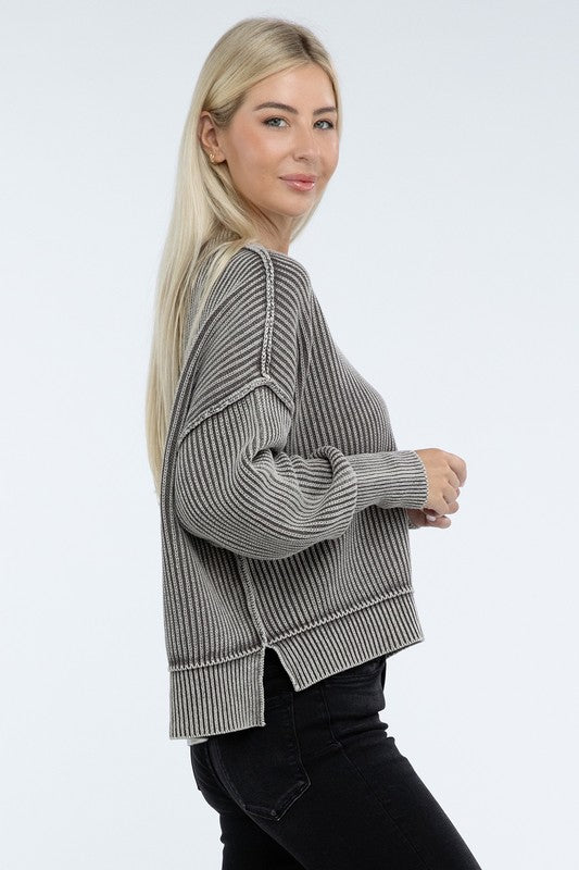 Zenana Washed Side Slit Oversized Cropped Sweater