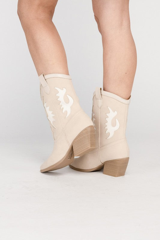 SODA GIGA Pointed Toe Cutout Design Pull-On Medium Heel Mid-Calf Western Boots