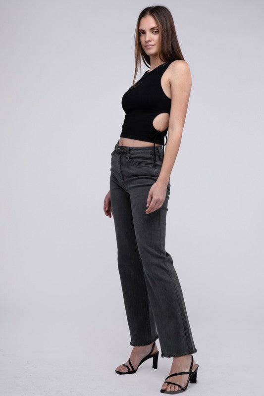 Zenana Acid Washed Frayed Cutoff Hem Straight Wide Pants