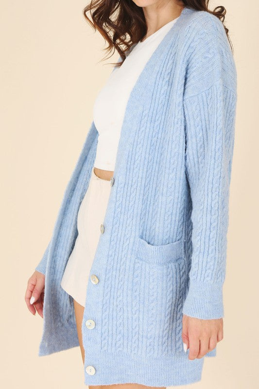 Lilou Wool Blend Cable Knit Cardigan, Blue