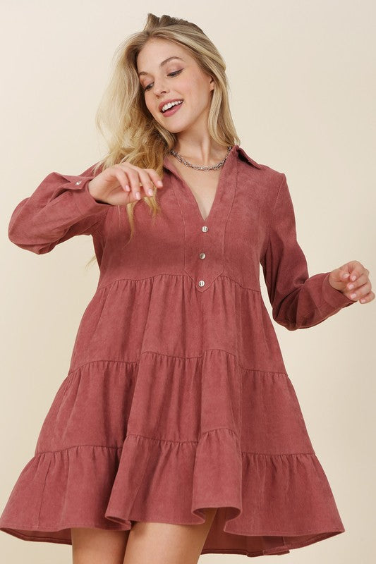 Lilou Long Sleeve Corduroy Tiered Collared Deep V-Neck Dress