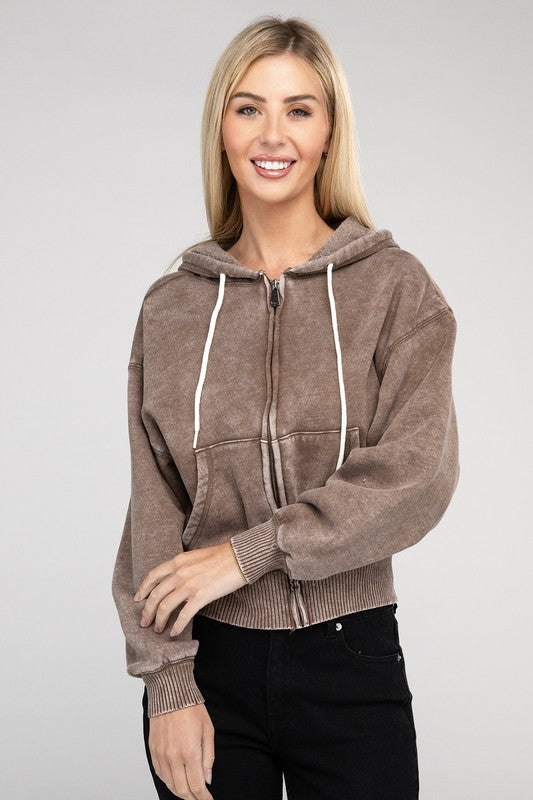 Zenana Acid Wash Fleece Cropped Zip-Up Hoodie