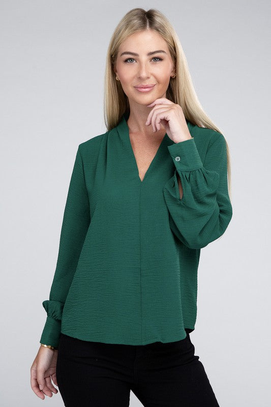 Zenana Woven Airflow V-Neck Long Sleeve Top