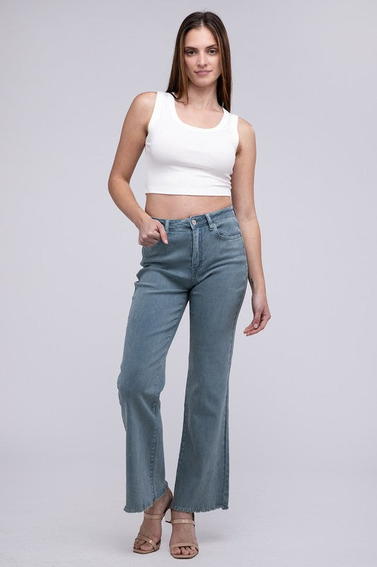 Zenana Acid Washed Frayed Cutoff Hem Straight Wide Pants