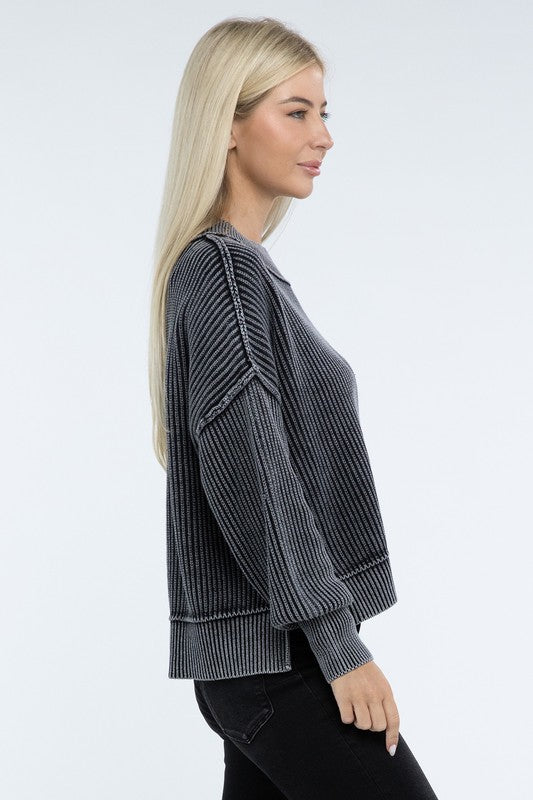 Zenana Washed Side Slit Oversized Cropped Sweater